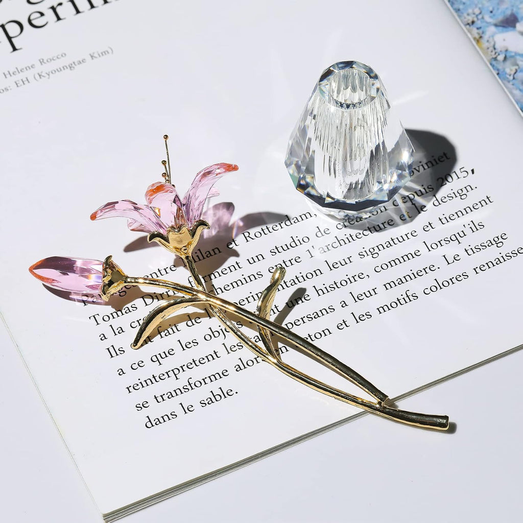 Crystal Tiger Lily Flowers with Crystal Vase Metal Stem Pink Lily Flower Collectible Gifts for Women, Glass Lilium Flower Artificial Floral Figurines for Home Wedding Party Decor