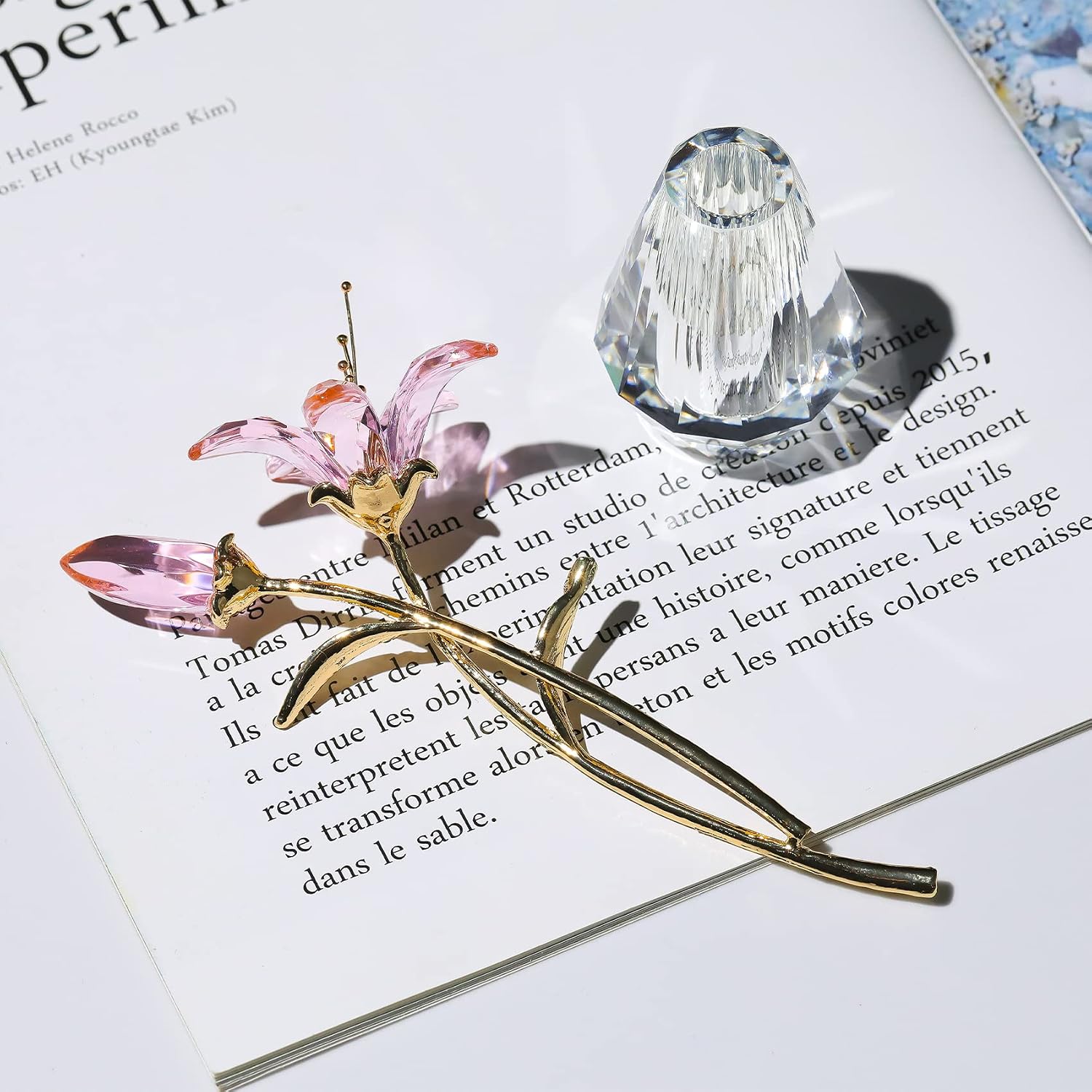 Crystal Tiger Lily Flowers with Crystal Vase Metal Stem Pink Lily Flower Collectible Gifts for Women, Glass Lilium Flower Artificial Floral Figurines for Home Wedding Party Decor