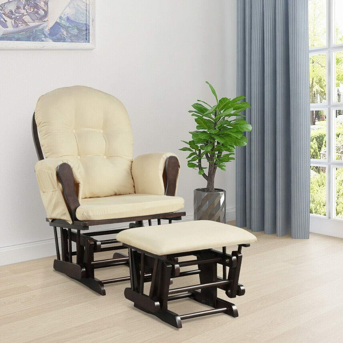 Nursery Rocking Chairs Nursery Glider Rocking Chair Wood Baby Rocker with Ottoman Cushion Upholstered Nursing Chair with Padded Arms (Beige)