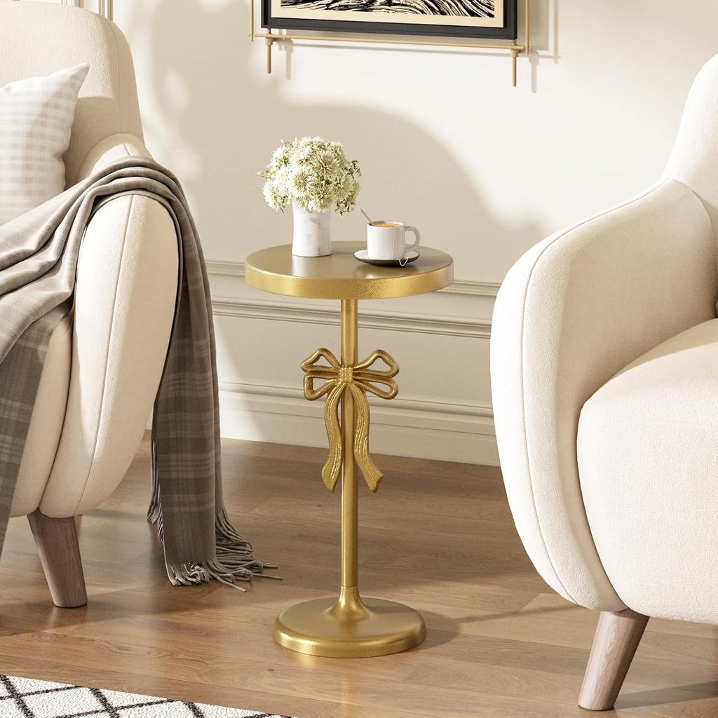 Gold Drink Table, Metal Martini Side Table - 11.9" x21.7'', Gold Small Accent Table with Bow Decoration, Pedestal End Table for Small Spaces