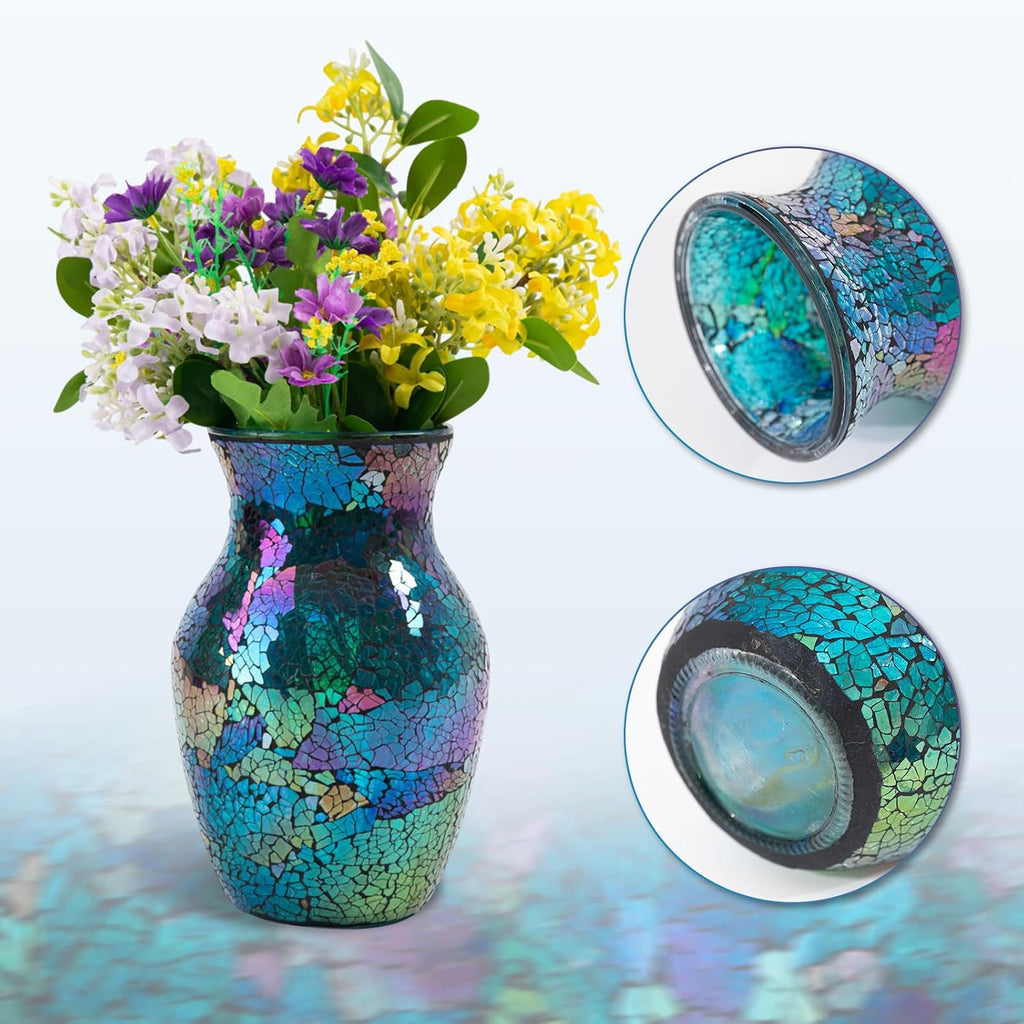 Mosaic Glass Vase, 8" H, Beautiful Mosaic Colorful Blue Vase for Living Room Bedroom Bouquets, Handmade, Home Decor, Colorful Blue