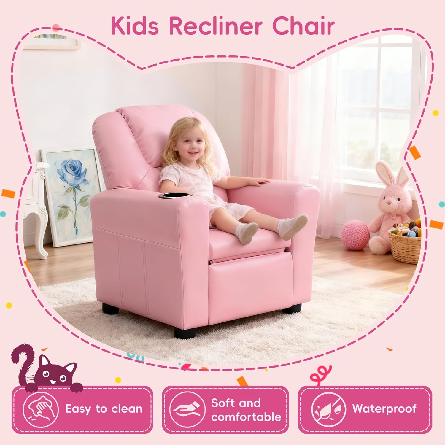 Toddler Recliner Chair for Kids Ages 1-4 – PU Leather Upholstered Kids Sofa with Cup Holder, Adjustable Backrest & Footrest, Comfortable Single Armchair for Boys & Girls Bedroom Living Room (Pink)