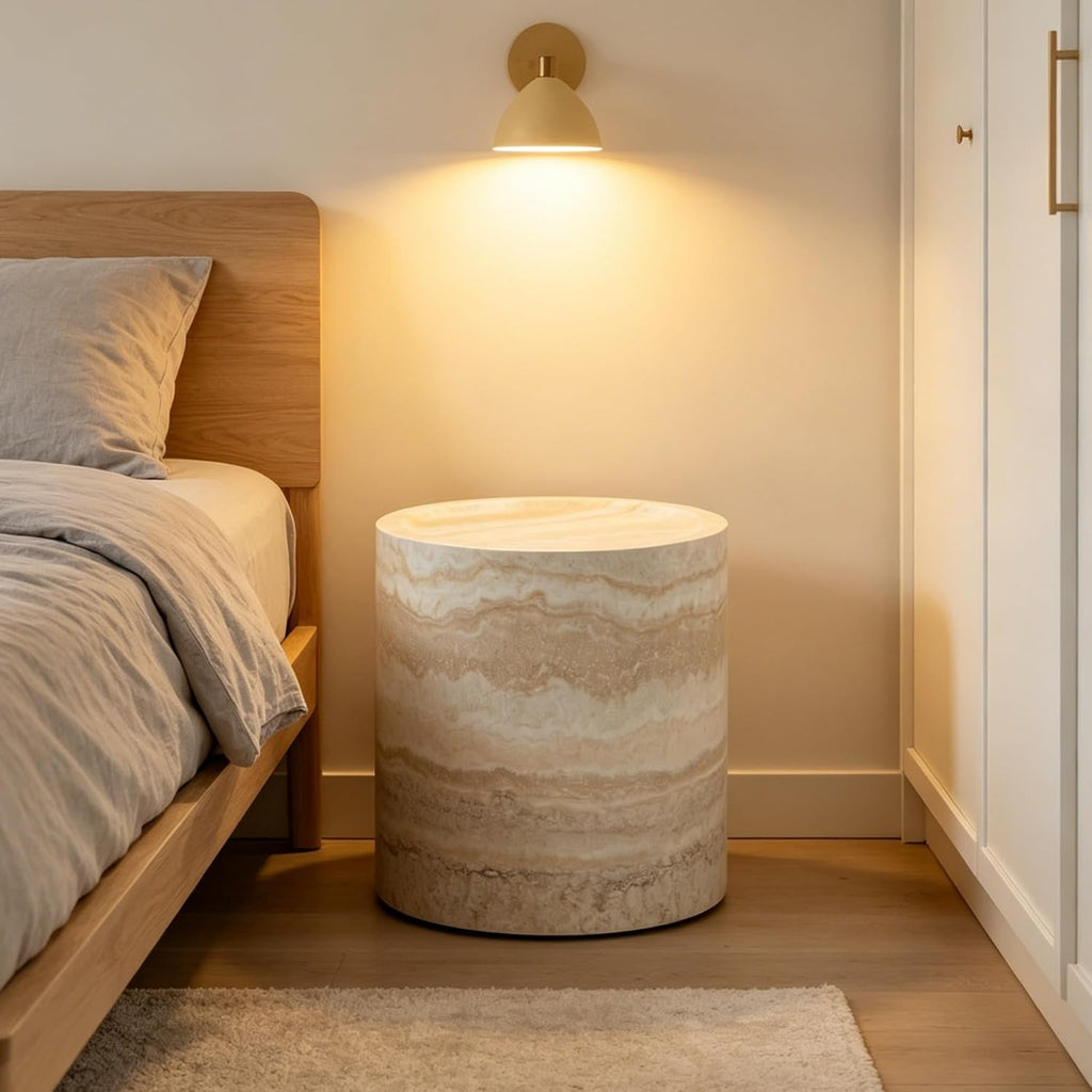 Marble-Effect Cylindrical Side Table Lightweight Fiberglass & Resin Accent Table End Table for Living Room Nightstand for Bedroom Small Drink Table for Corner Spaces (15.75'' Single, Cream)