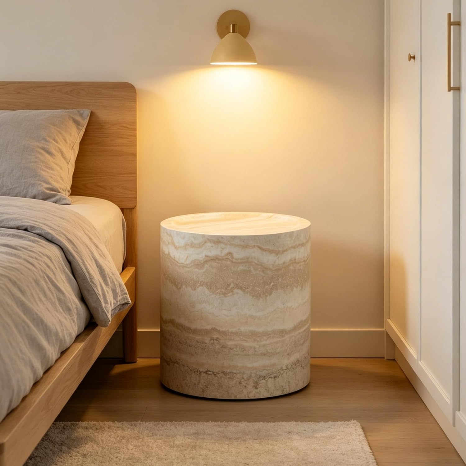 Marble-Effect Cylindrical Side Table Lightweight Fiberglass & Resin Accent Table End Table for Living Room Nightstand for Bedroom Small Drink Table for Corner Spaces (15.75'' Single, Cream)