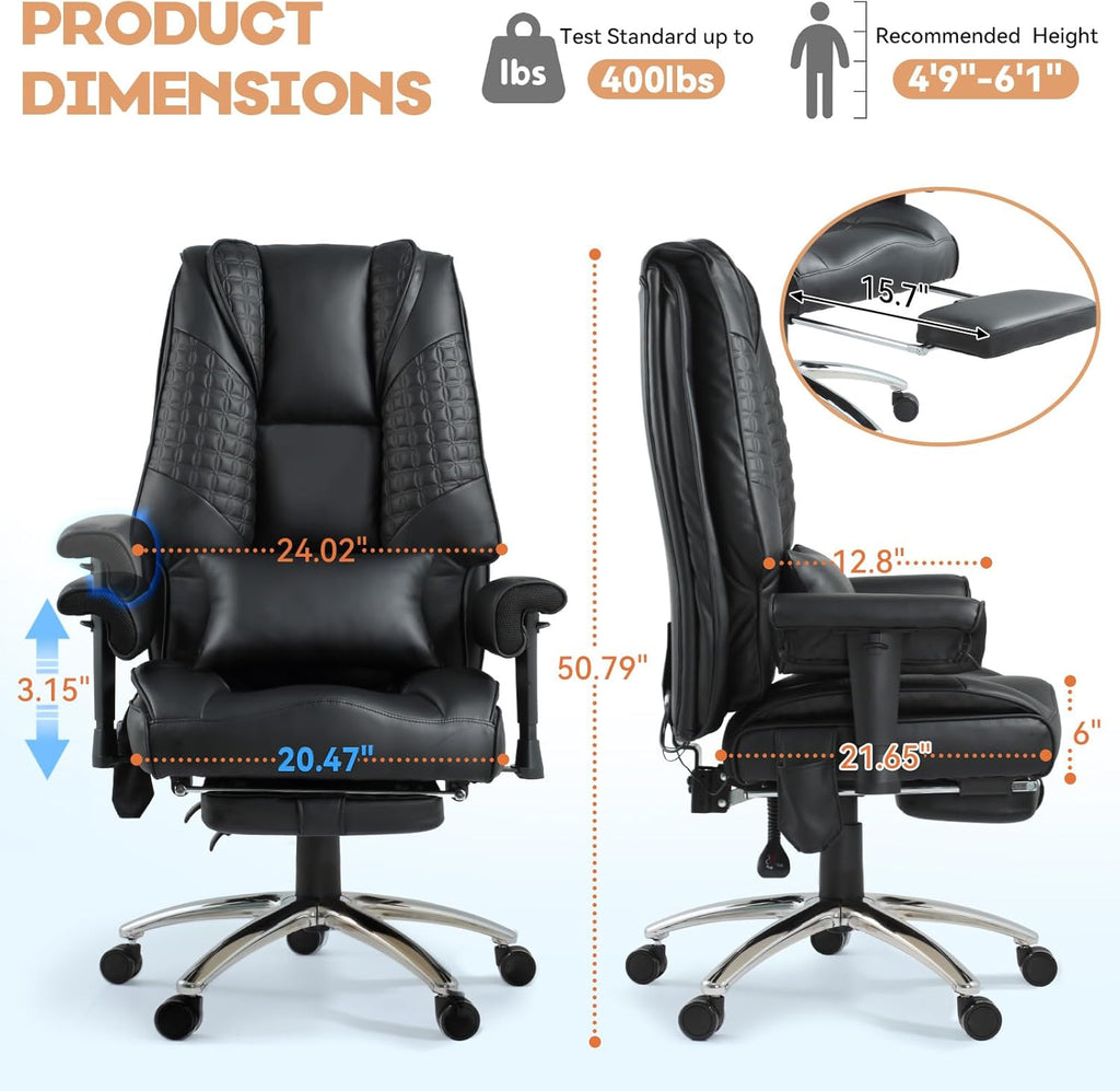 Vibrate Massage & Heating Office Chair, Executive Office Chair with Reclining Backrest, Adjustable Arms & Lumbar Support, High Back Leather Desk Chairs w/Foot Res for Home Office, Black