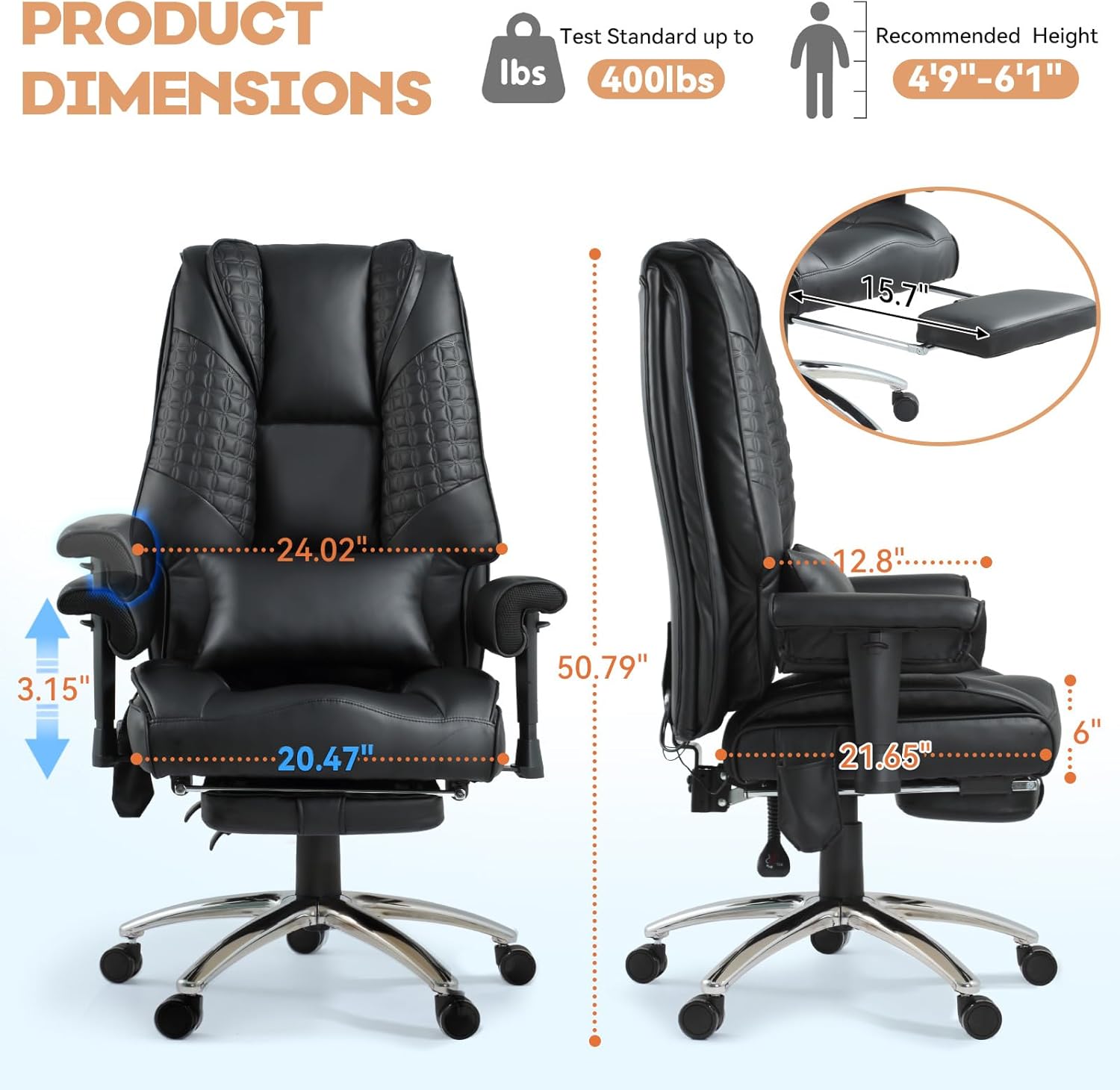 Vibrate Massage & Heating Office Chair, Executive Office Chair with Reclining Backrest, Adjustable Arms & Lumbar Support, High Back Leather Desk Chairs w/Foot Res for Home Office, Black