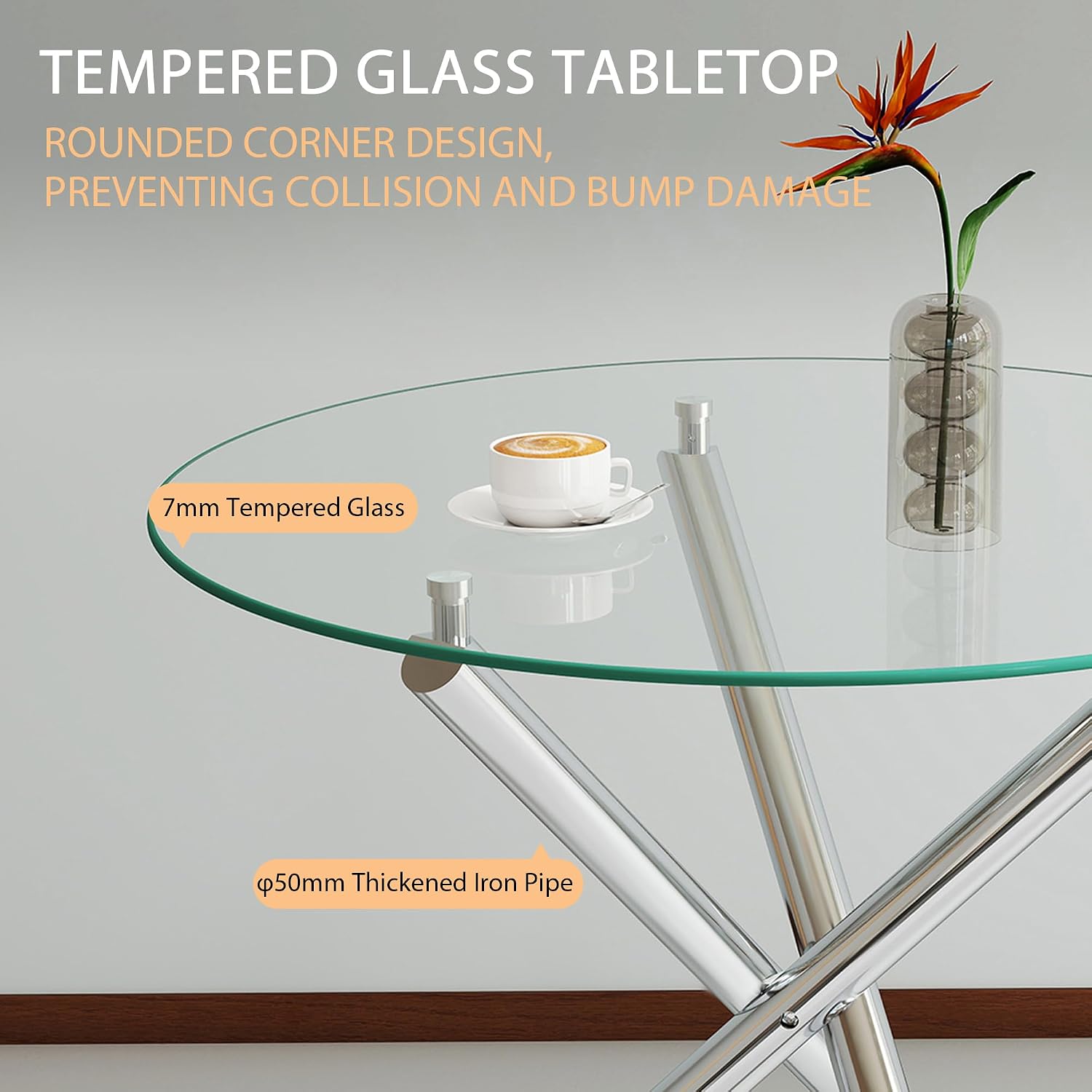 3-Piece Round Glass Dining Table Set for 2, 36" Small Kitchen Table with 2 Velvet Tufted Chairs Modern Silver Glass Dining Room Table Set for Home Kitchen Living Room