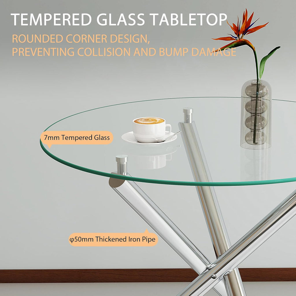 Modern Dining Room Table for 4 People, 36" Round Dining Table with Silver Chrome Metal X-Base, Circle Tempered Glass Dining Room Tables, Small Dining Table Kitchen Tables Dinner Tables