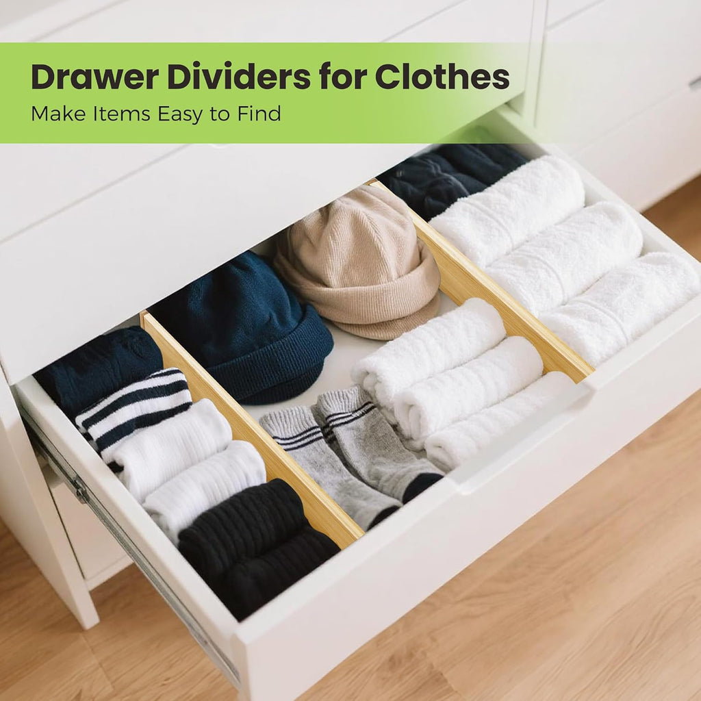 Fyvva Drawer Divider, Adjustable Bamboo Kitchen Drawer Organizer, Spring Loaded Drawer Organizer, Dresser Separators for Kitchen, Bathroom, Clothes, Office Desk Storage (Natural, 8 Pack Large)