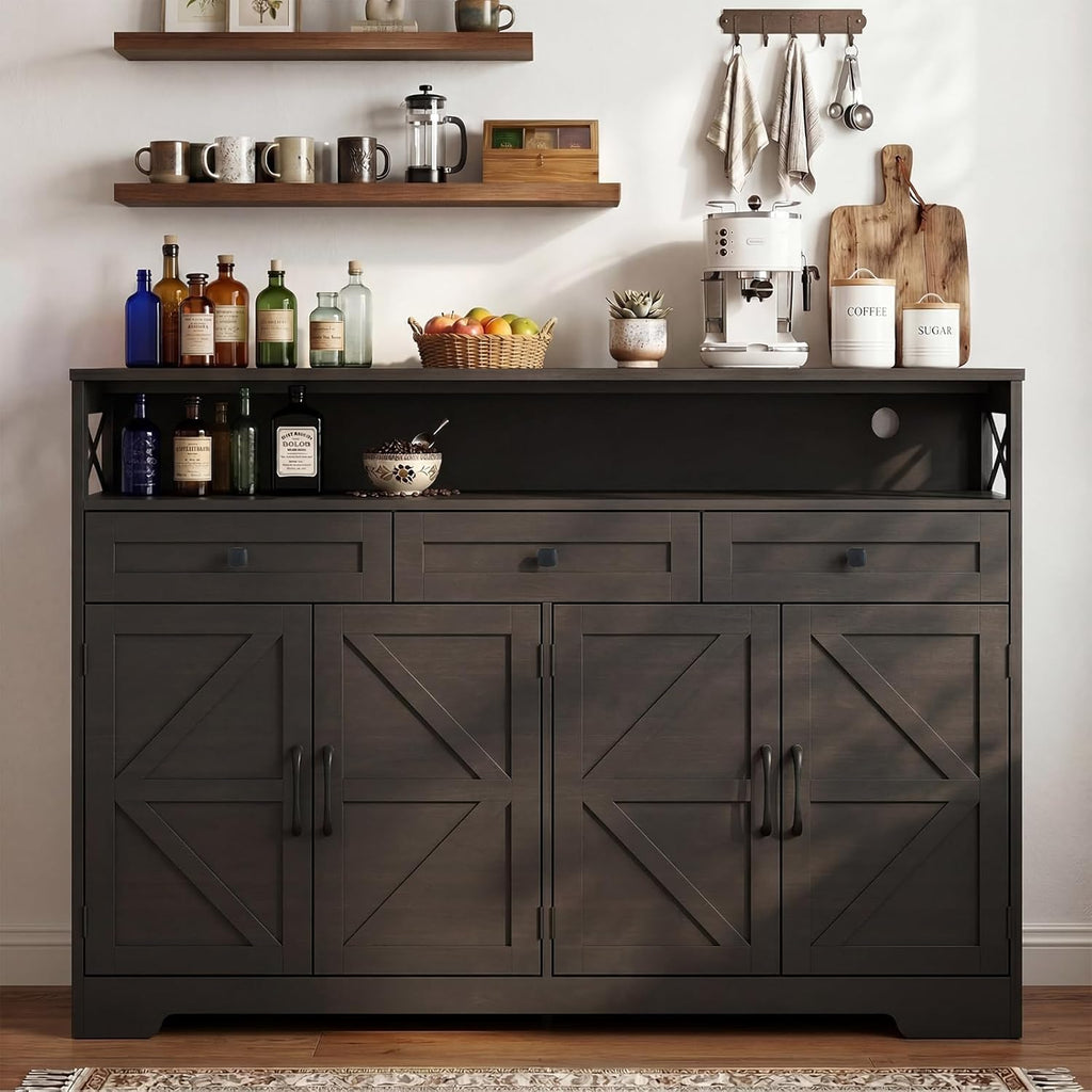 Sideboard Buffet Cabinet with Storage, 55" Kitchen Buffet Cabinet with Charging Station, Farmhouse Coffee Bar Station with Drawers and Doors, Credenza for Kitchen Living Room Entryway, Dark Brown