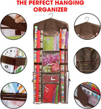 Hanging Gift Wrapping Paper Storage Organizer Bag, Double Sided Multiple Front & Back Pockets Organize Your Gift Wrap, Gift Bags Bows Ribbons 40"X17" Fits Long 40 Inch Rolls Clear PVC Bag (Brown)
