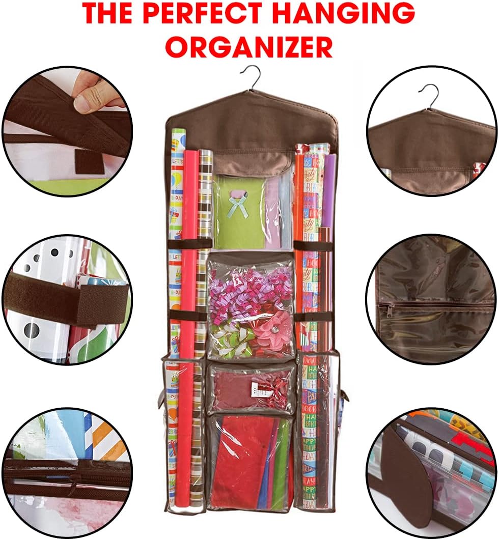 Hanging Gift Wrapping Paper Storage Organizer Bag, Double Sided Multiple Front & Back Pockets Organize Your Gift Wrap, Gift Bags Bows Ribbons 40"X17" Fits Long 40 Inch Rolls Clear PVC Bag (Brown)