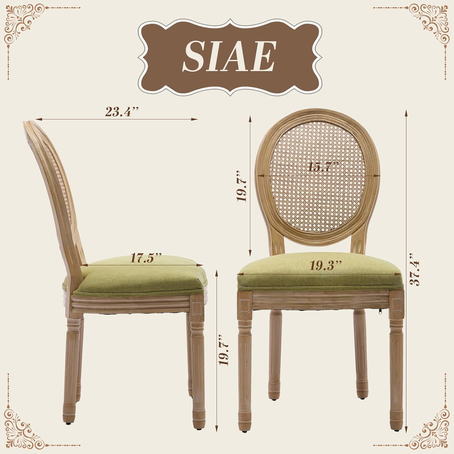 SoarFlash French Dining Chairs Set of 4, Vantage Dining Chair with Round Back, Wood Leg Farmhouse Country Rattan Dining Chair for Kitchen,Bedroom,Olive Green