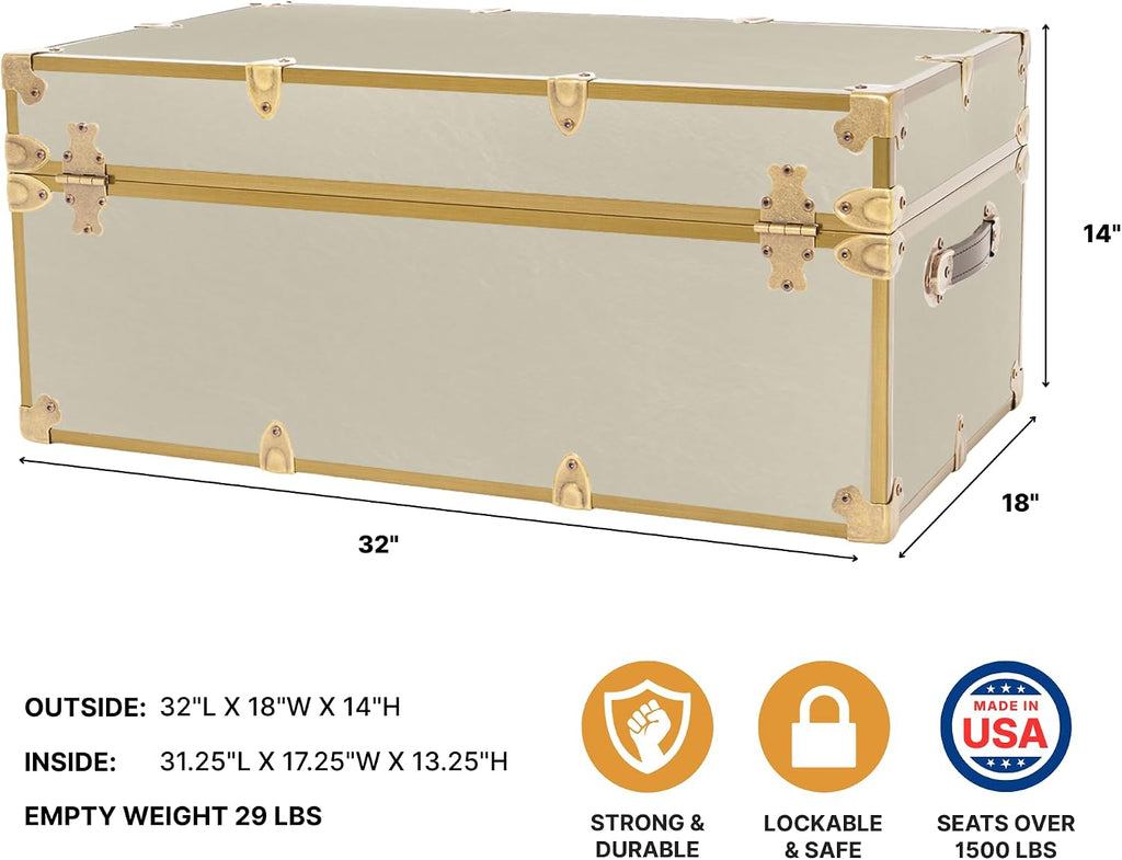 Rhino Trunk & Case Lux Faux Leather Trunk – Large 32"x18"x14" Storage Box, Coffee Table, End of Bed Chest, Entryway Storage Bench – USA-Made – Strong & Secure for Camp & Dorm – Antique Brass Hardware