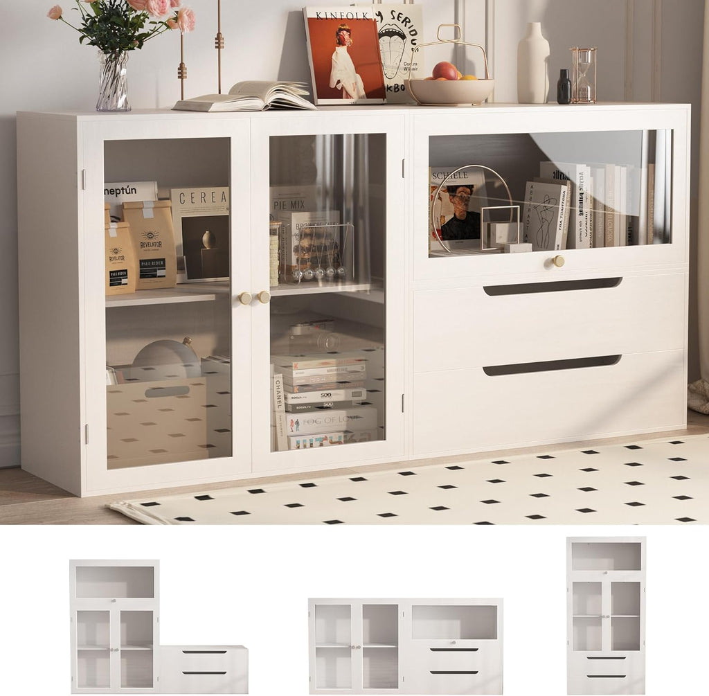 Easyego 63‘’Storage Cabinet,Sideboard Buffet Cabinet with Glass Doors and Drawers,Modern Wood Coffee Bar for Kitchen, Living Room,Dining Room，Entryway (White)