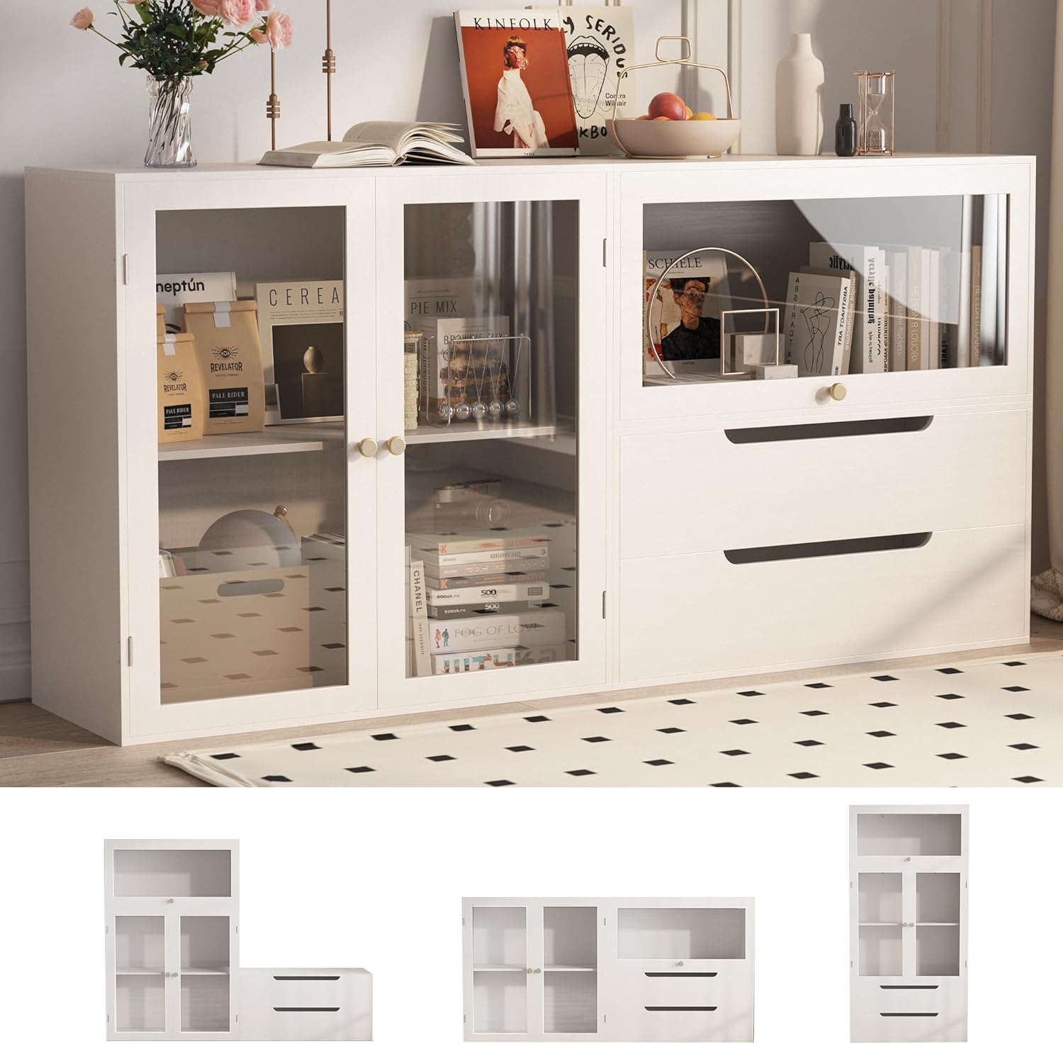 Easyego 63‘’Storage Cabinet,Sideboard Buffet Cabinet with Glass Doors and Drawers,Modern Wood Coffee Bar for Kitchen, Living Room,Dining Room，Entryway (White)