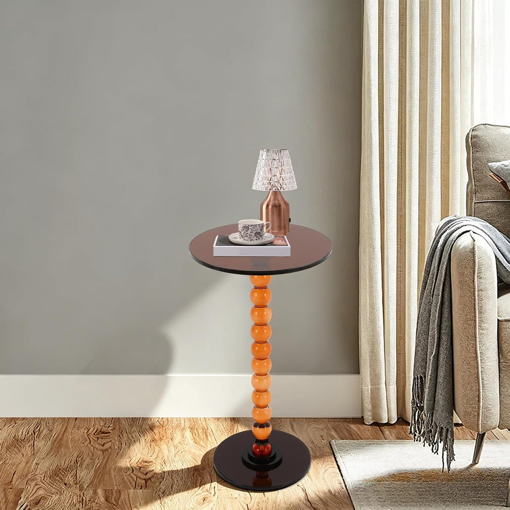 Acrylic End Table, Round Top with Solid Post, Outdoor Side Tables & Drink Tables, Small Space Accent Table for Living Room Bedroom Sofa, Easy Assembly, Brown