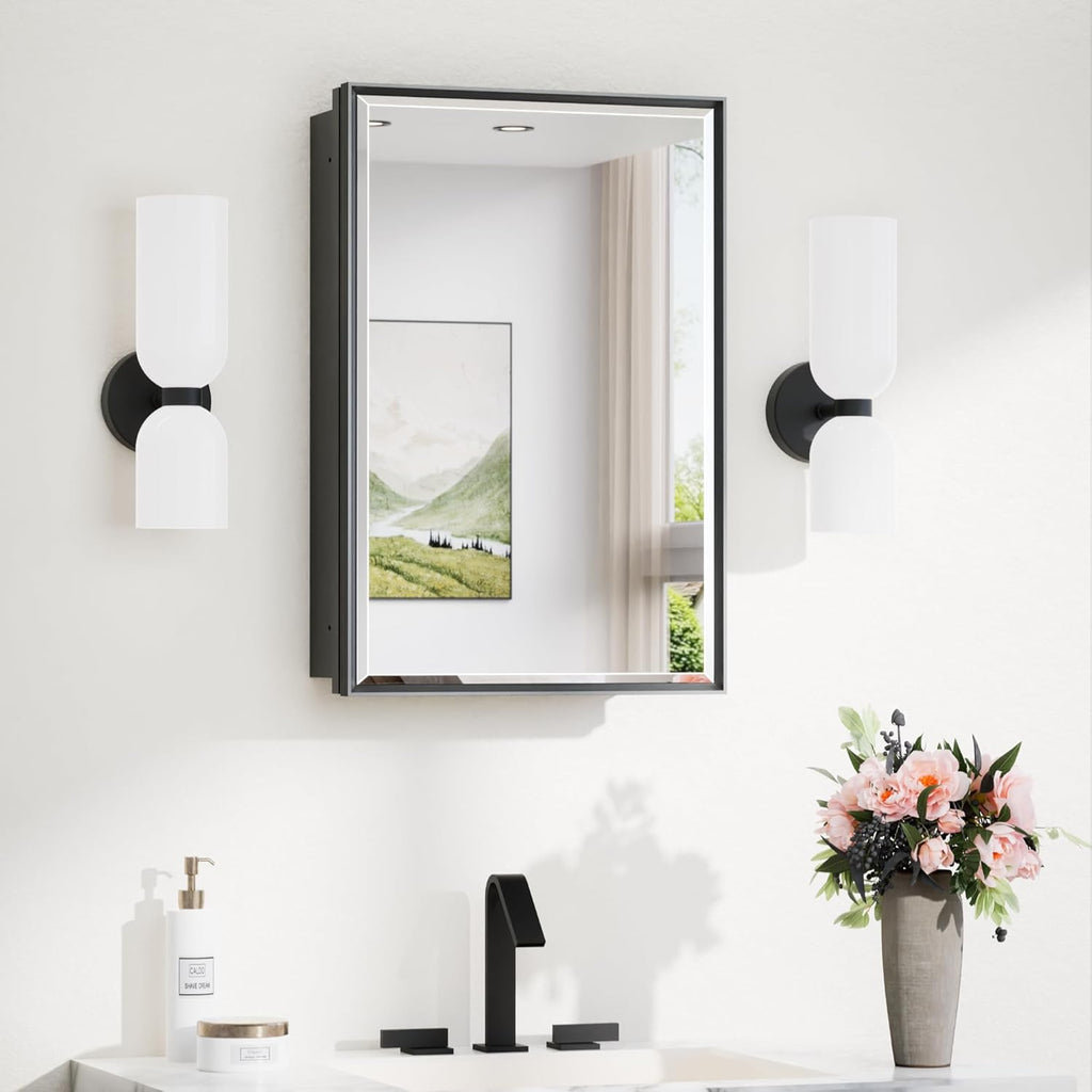 TokeShimi 16x24 Recessed Medicine Cabinet with Mirror Surface Mounted, Metal Beveled Mirror with Storage for Bathroom Vanity, Aluminum Black Medicine Cabinet Mirrored