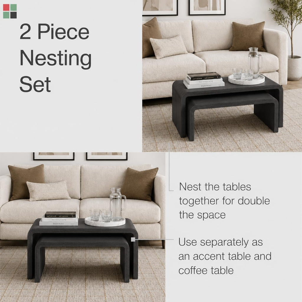 Stead Curved Nesting Coffee Table Set of 2, Modern Wood Nesting Tables for Living Room, Space Saving Stackable Coffee Tables, Fully Assembled