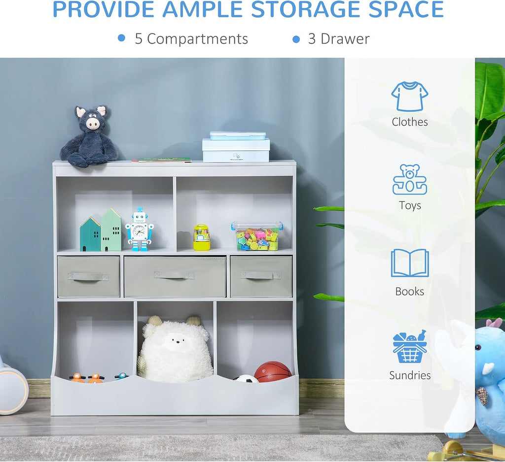 Bookcase, Toy Storage Organizer Cabinet, Children Display Bookshelf with Drawers for Toys, Clothes, Books, Grey