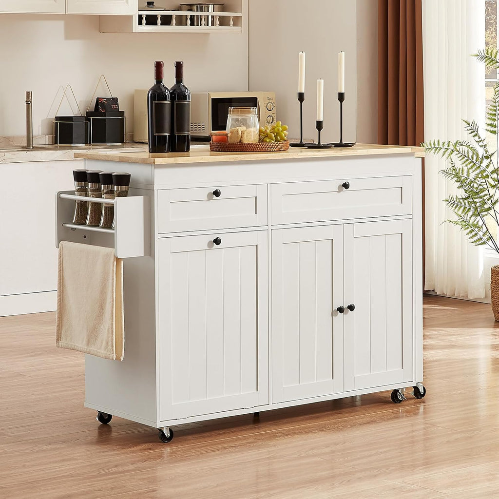 ONBRILL Kitchen Islands with Extendable Dining Table, 81.7" Mobile Kitchen Storage Islands, Rolling Kitchen Cart with Trash Cabinet, Power Outlet, Spice Rack & Towel Rack, White