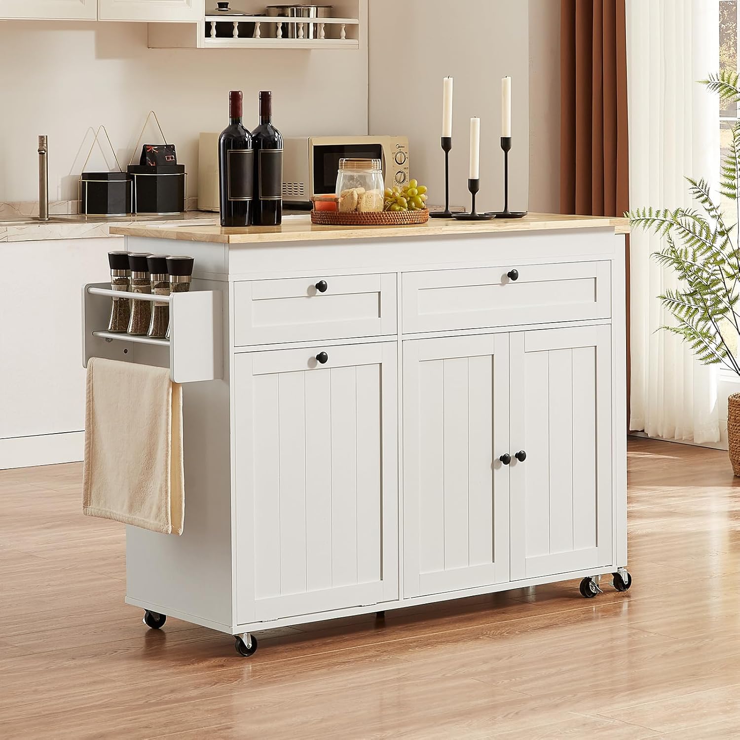 ONBRILL Kitchen Islands with Extendable Dining Table, 81.7" Mobile Kitchen Storage Islands, Rolling Kitchen Cart with Trash Cabinet, Power Outlet, Spice Rack & Towel Rack, White