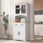 Kitchen Pantry Cabinet with Glass Doors, 66.93" Tall Kitchen Hutch Bar Cabinet with Microwave Stand Farmhouse Wood Storage Cabinet with 2 Drawers and Shelves Cupboard for Dining Room, 66.93" H