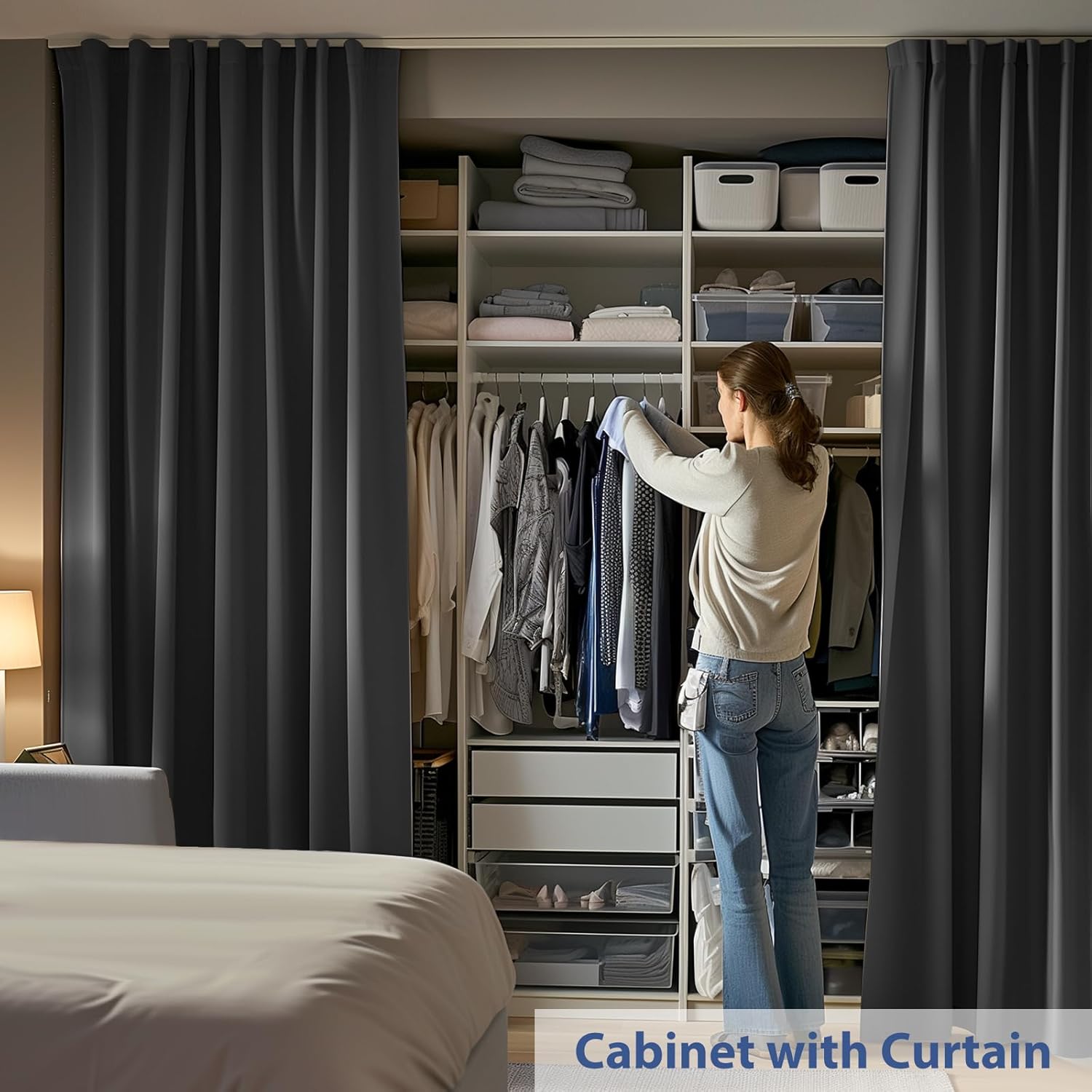 Room Divider Ceiling Mounted Curtains Track Sets Extra Wide Blackout Curtain Flexible Tracks for Bedroom Privacy Partition Separator, 1 Panel Black Drape and White Rail, W8.3 x H8ft