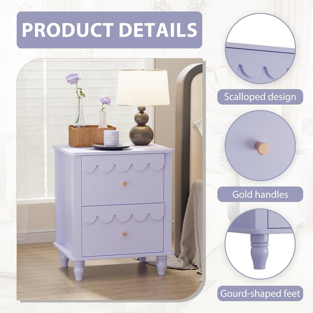 Purple Nightstand Side End Table with 2 Drawers, Modern Night Stand with Petal Pattern for Bedroom, Scalloped Bedside Night Tables with Solid Wood Legs