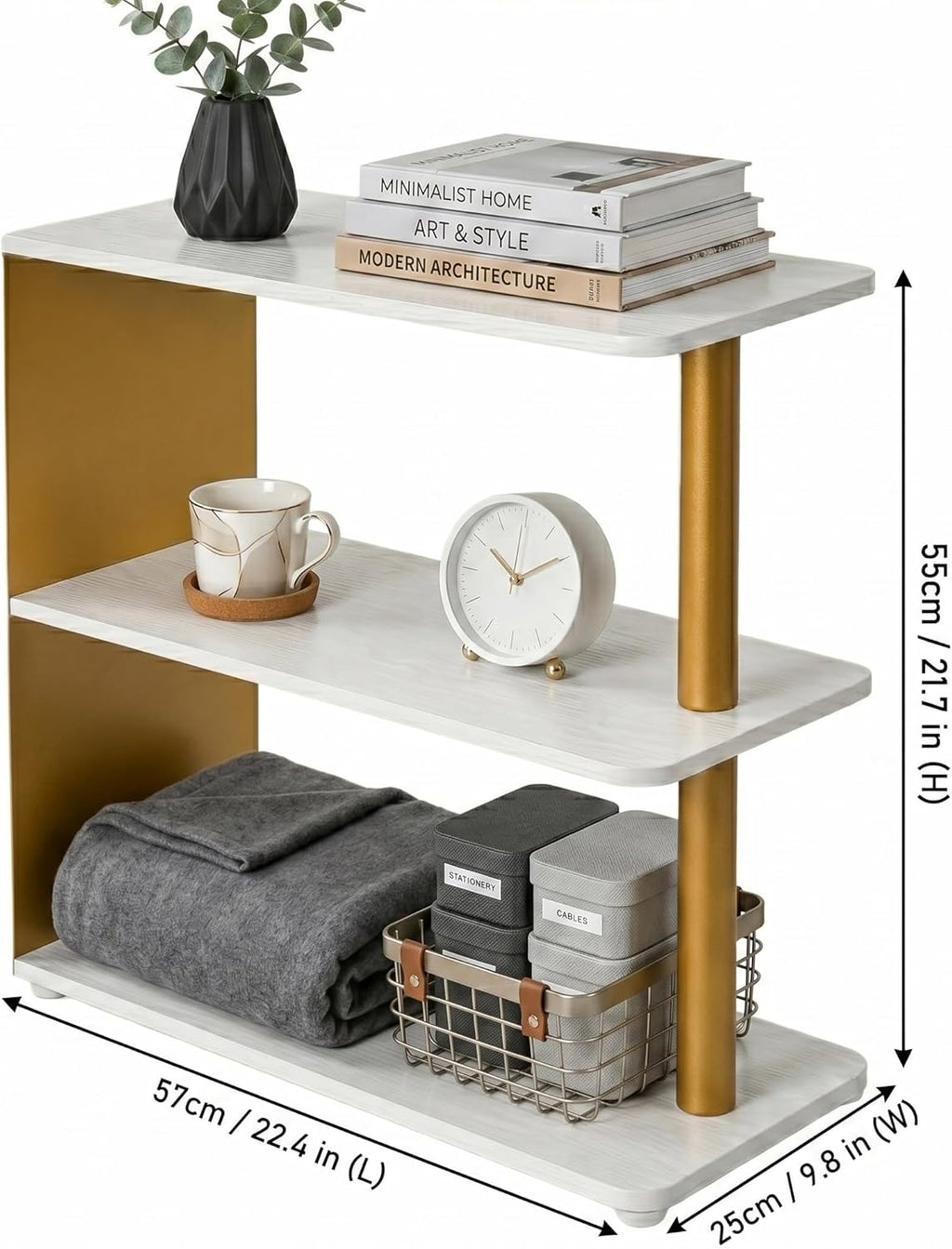 3-Tier Narrow End Table, Industrial Slim Side Table for Small Spaces, Sofa Couch Table Accent Nightstand with Storage Shelves for Living Room, Bedroom, Gold and White