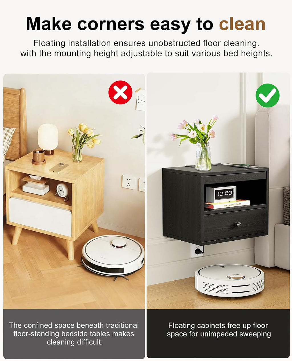 Floating Nightstand with Charging Station,Modern Bedside Table with Drawers and Extension Panel, Small Wall Mounted Nightstands for Bedroom Room，Floating Sofa Side Table（ Black ）