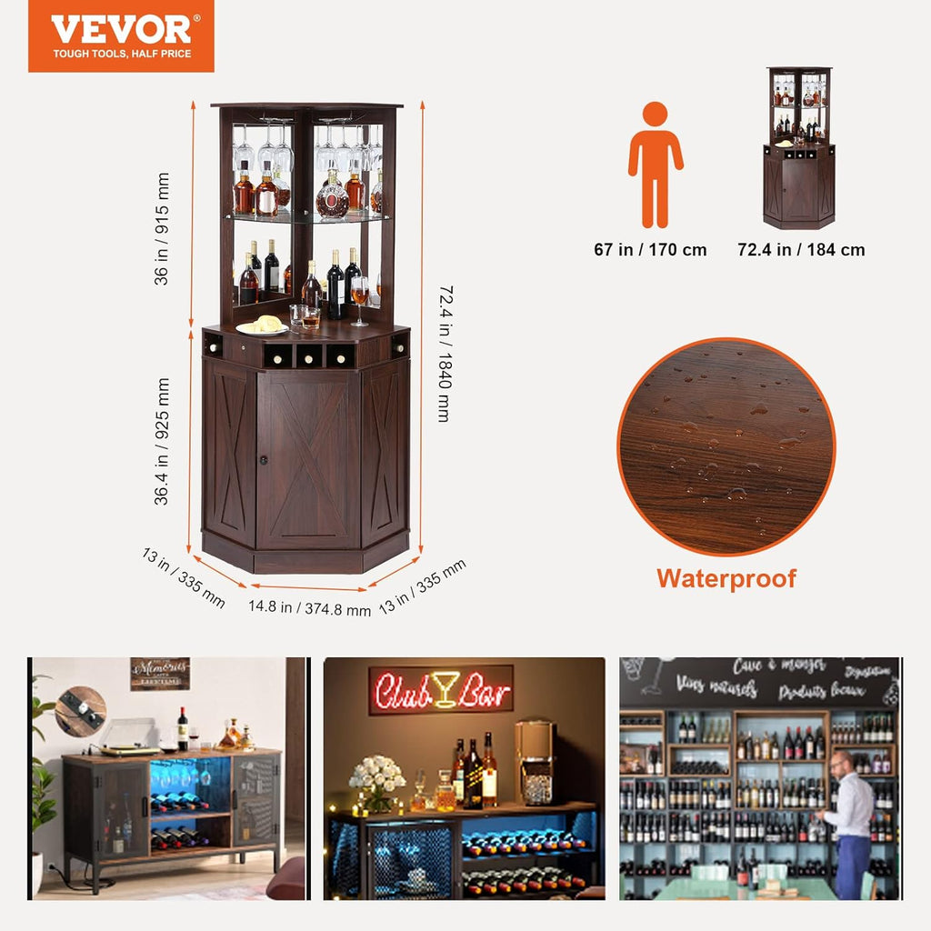 VEVOR Corner Industrial Bar Cabinet, Wine Table for Liquor & Glasses, Sideboard Buffet Cabinet with Glass Holder, Freestanding Farmhouse Wood Coffee Bar Cabinet for Living Room, Home Bar, Black Walnut