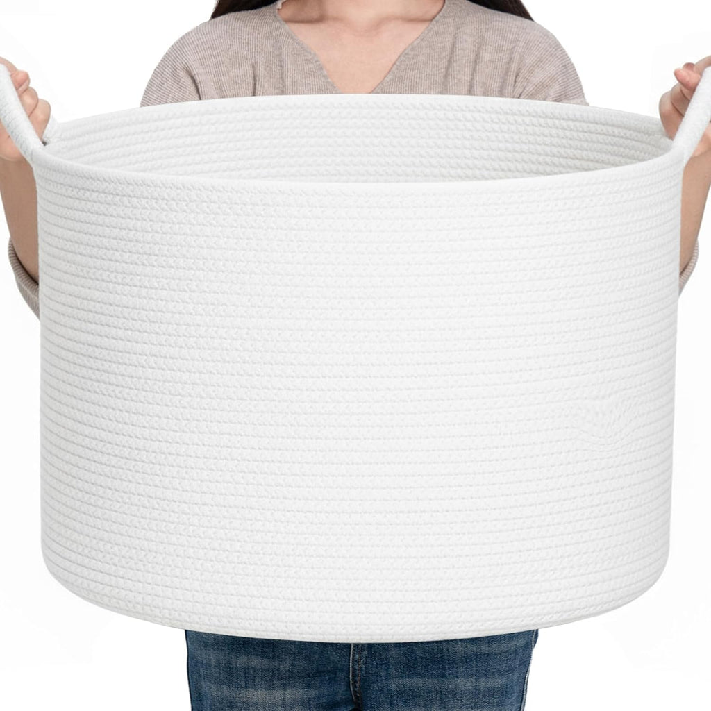 CLHMILY&Z Round Cotton Rope Storage Basket in Living Room, Bedroom, Laundry Room for Toy, Clothes, Blanket, Pillow (White, XLarge(14.2"x22"))