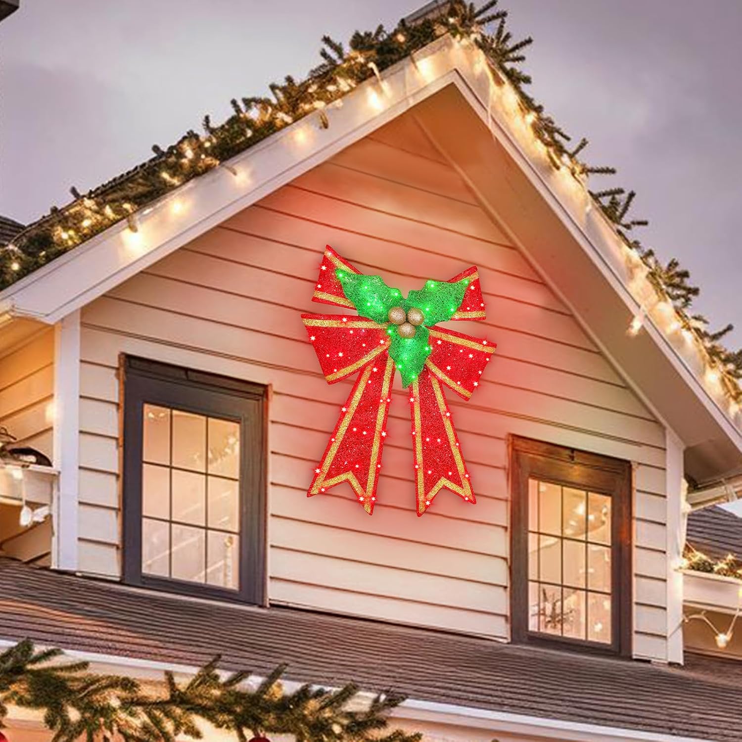 28in Pre-Lit Christmas Bow Decoration, Large Outdoor LED Holiday Yard Deco, Red and Green with Gold Accents, Pre-lit Holiday Door Wreath Topper,16Light Functions, Timer, Hook