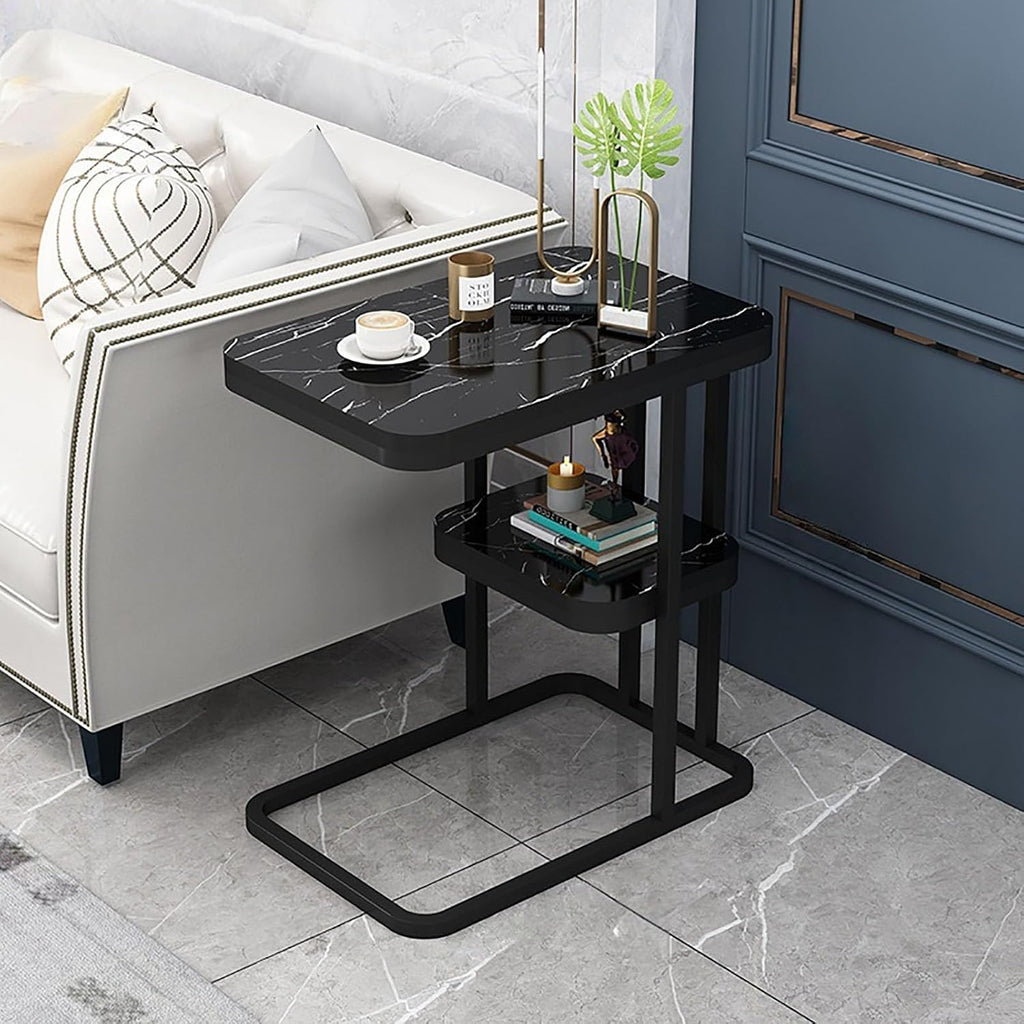 Side Table, End Table with 2-Tier Storage Shelf, Small Bedside Table, Portable and Sturdy Frame, C Shaped Side Table for Couch, for Living Room, Bedroom, Small Spaces,B