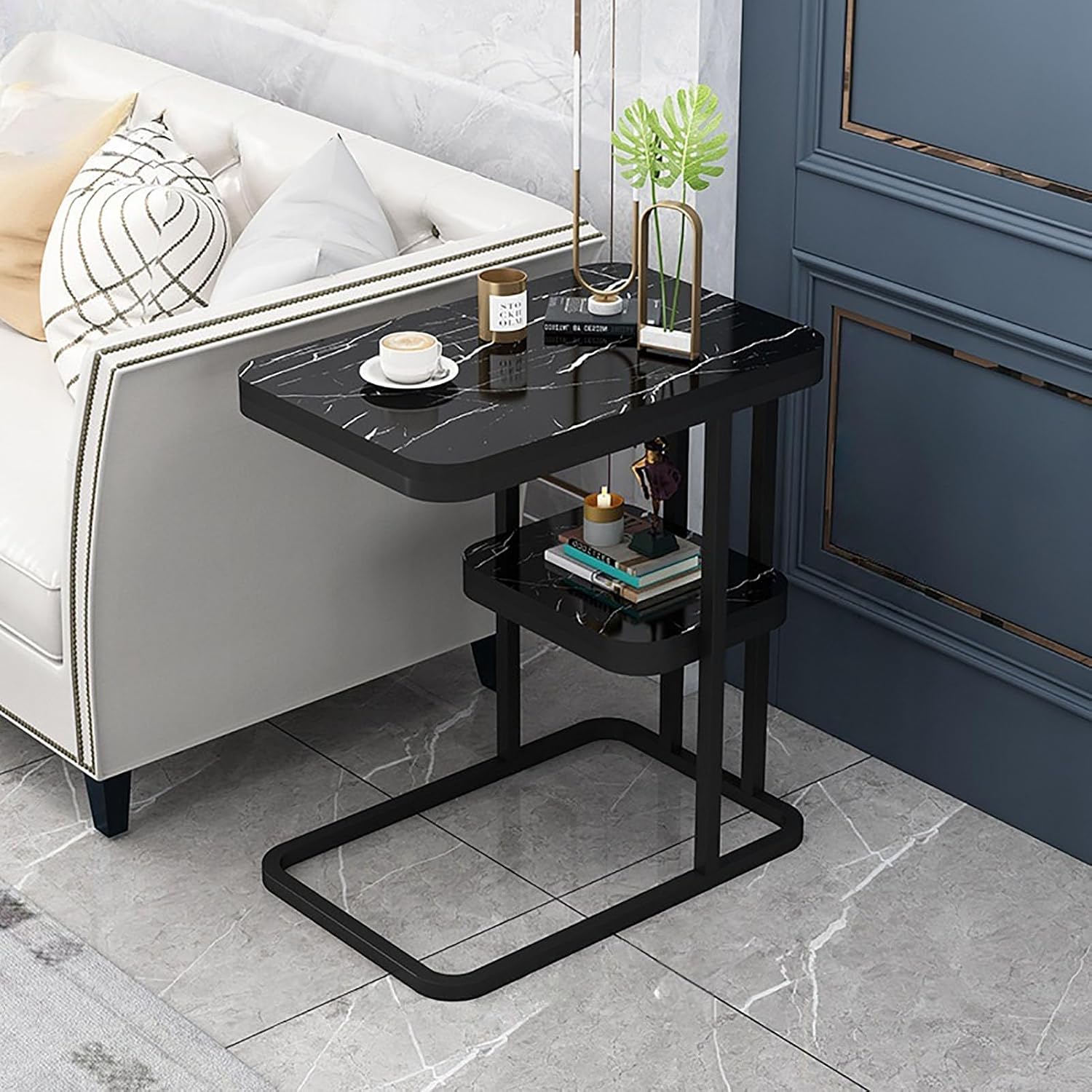 Side Table, End Table with 2-Tier Storage Shelf, Small Bedside Table, Portable and Sturdy Frame, C Shaped Side Table for Couch, for Living Room, Bedroom, Small Spaces,B