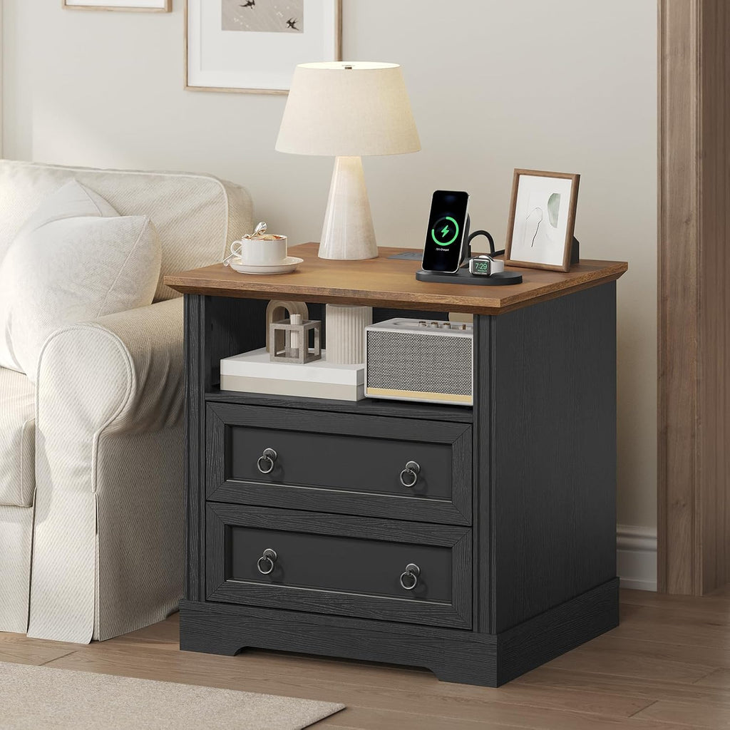 Farmhouse Nightstand with Charging Station, Wooden Bedside End Table with 2 Drawers and Open Storage Shelf, Side Table for Bedroom Living Room, Black & Walnut
