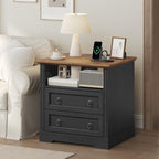 Farmhouse Nightstand with Charging Station, Wooden Bedside End Table with 2 Drawers and Open Storage Shelf, Side Table for Bedroom Living Room, Black & Walnut