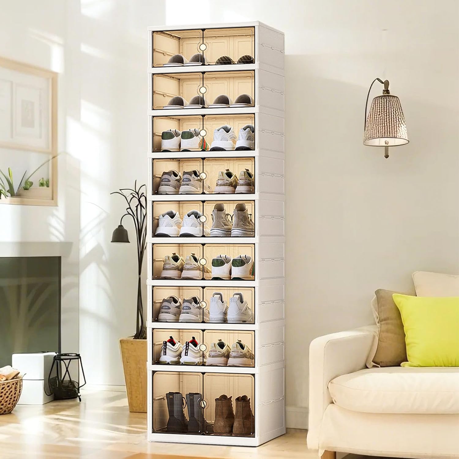 9 Tiers 18 Pairs Foldable Shoe Rack, Large Shoe Storage with Magnetic Clear Door, Easy Assembly and Freely Movable Shoes Organizer, Large Capacity Shoe Shelf for Living Room, Cloakroom, Entryway