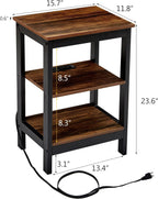 VECELO End Table with Charging Station and USB Ports, Small Wood Nightstand Modern, 24" Tall Living Room Side Table with 3-Tier Storage Shelves for Small Spaces, Office, Bedroom, Retro Brown, Set of 2