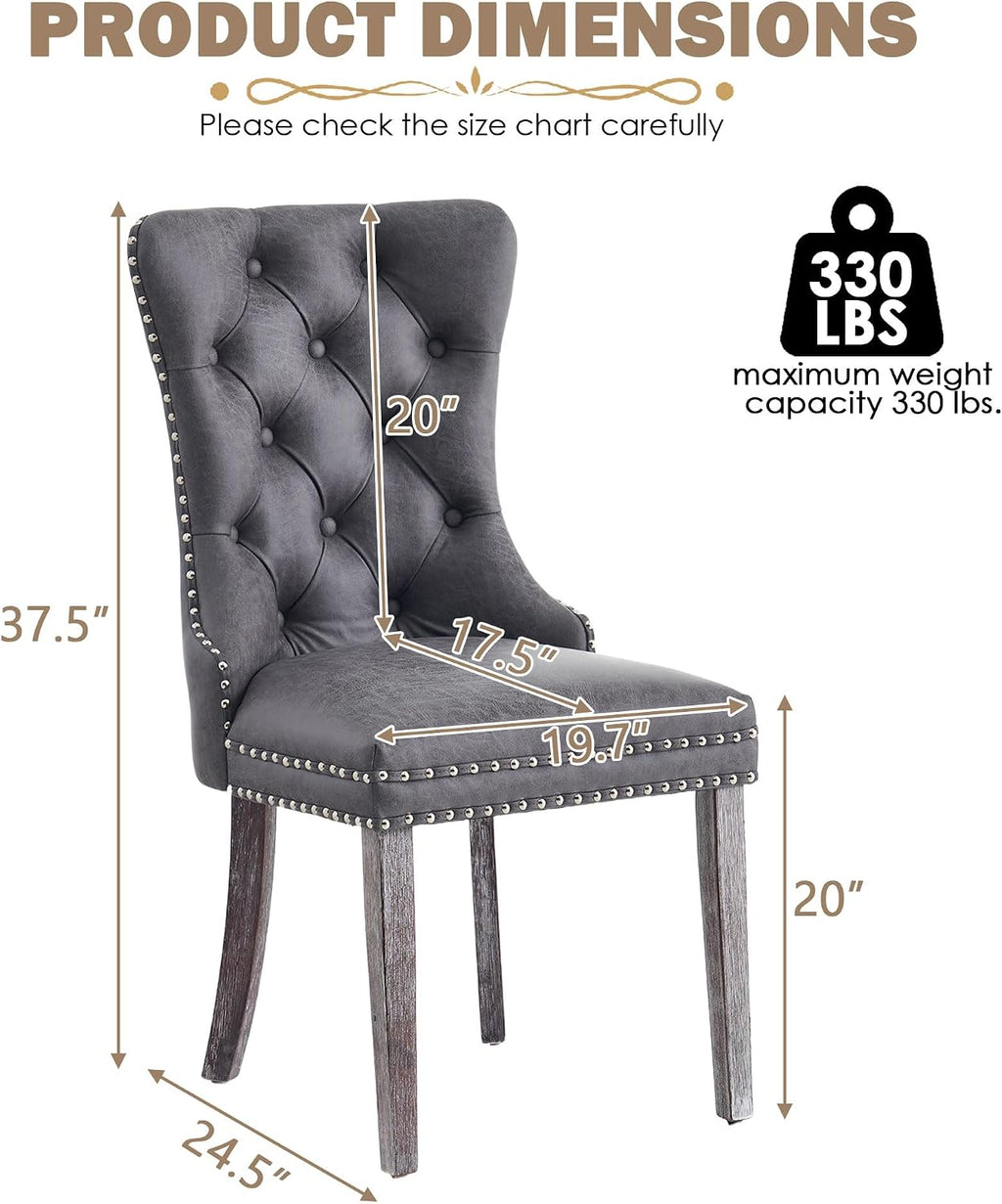 Leather Dining Chairs Set of 4, Mid Century Modern Dining Chairs with Nailhead and Metal Pull Ring, Upholstered Dining Room Chairs for Living Room, Bedroom, Kitchen (Grey)