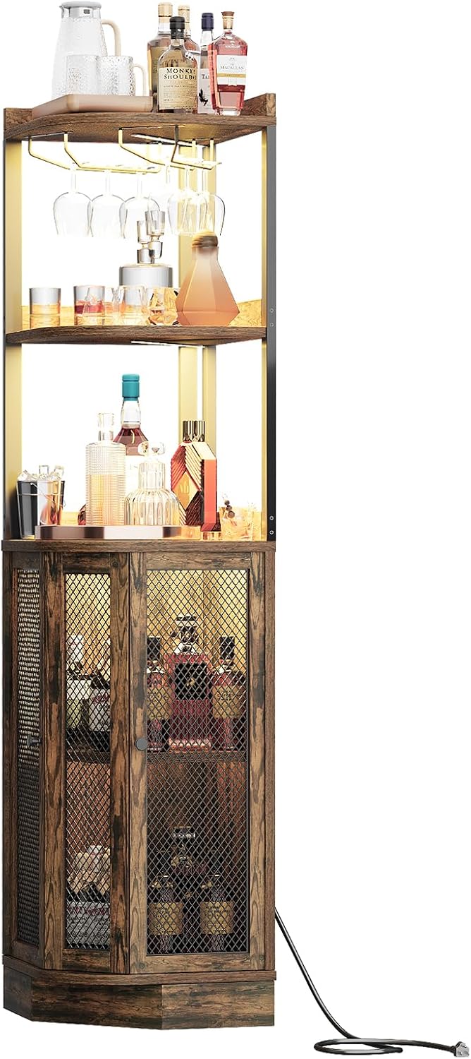 EOYUTLLY Corner Bar Cabinet with Power Outlet and LED Strip, 65" H 5-Tier Corner Liquor Wine Display Cabinet for Home, Storage Solution for Living Room, Kitchen, Home Bar, Brown