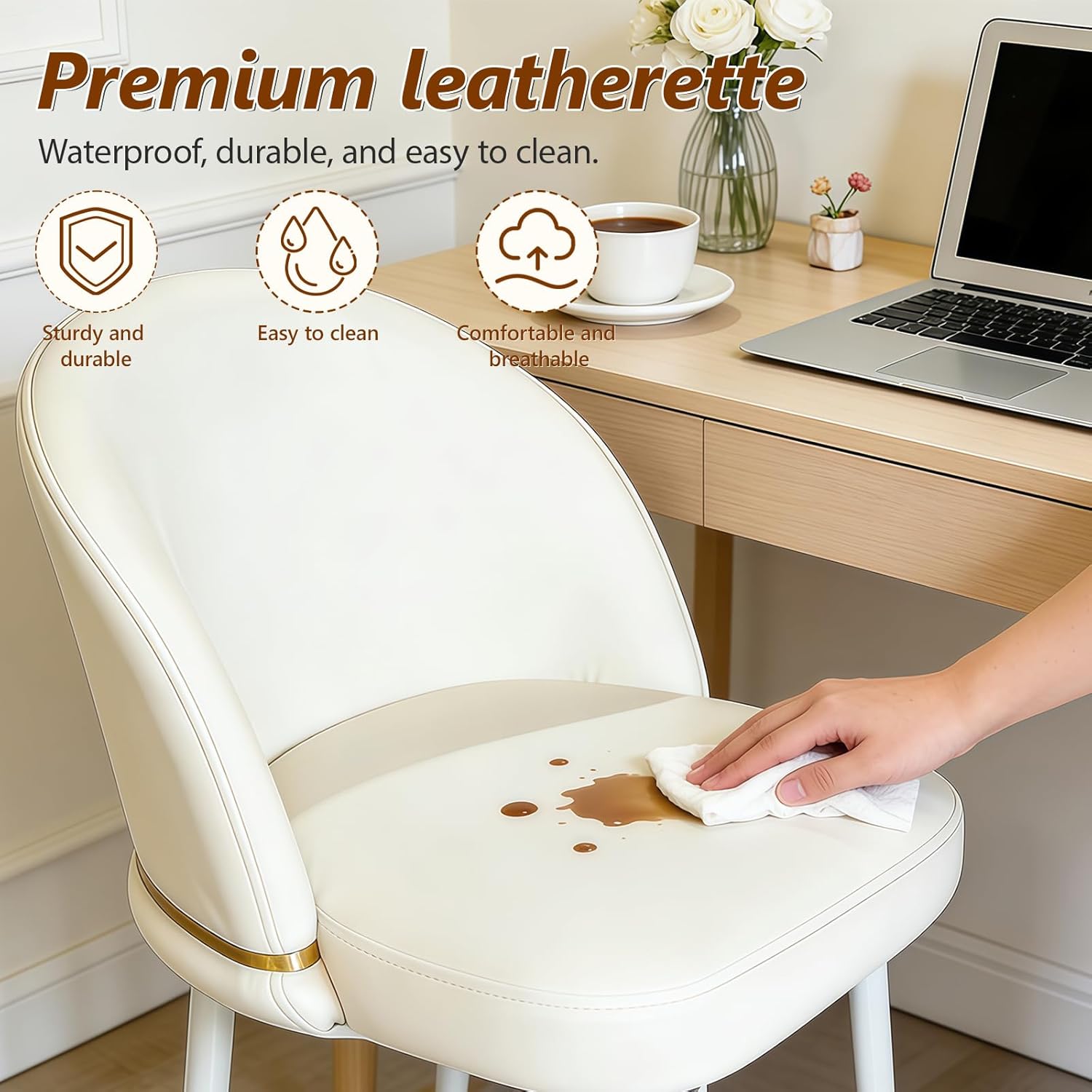 JPBSTO Swivel Vanity Chair No Wheels, Armless Desk Chair with Metal Legs, Single Dining Chair with Ergonomic Back for Bedroom, Office, Dining Room, Beige