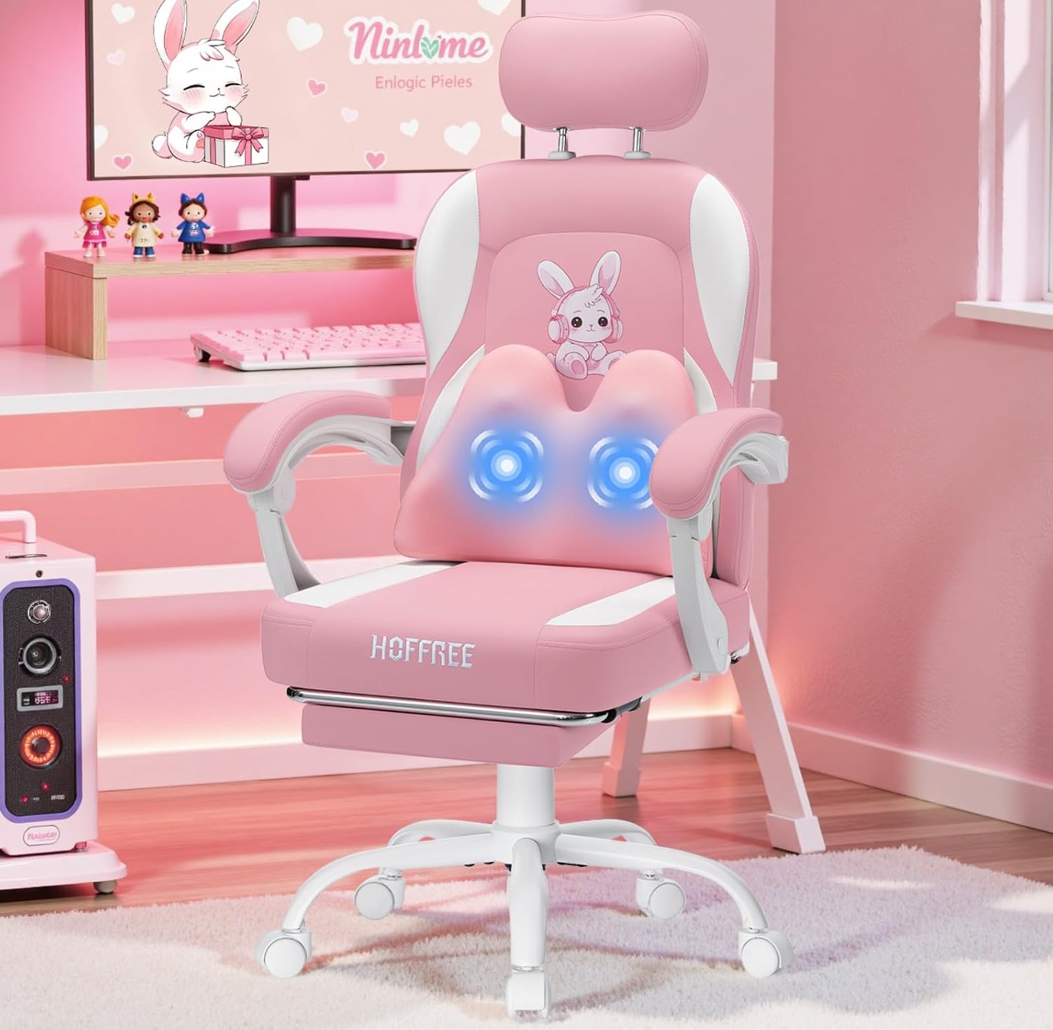 HOFFREE Kids Computer Gaming Chair for Girl with Cute Bunny Massage Lumbar Pillow Kids Pink Desk Office Chair with Adjustable Headrest and Footrest for Teen Girls