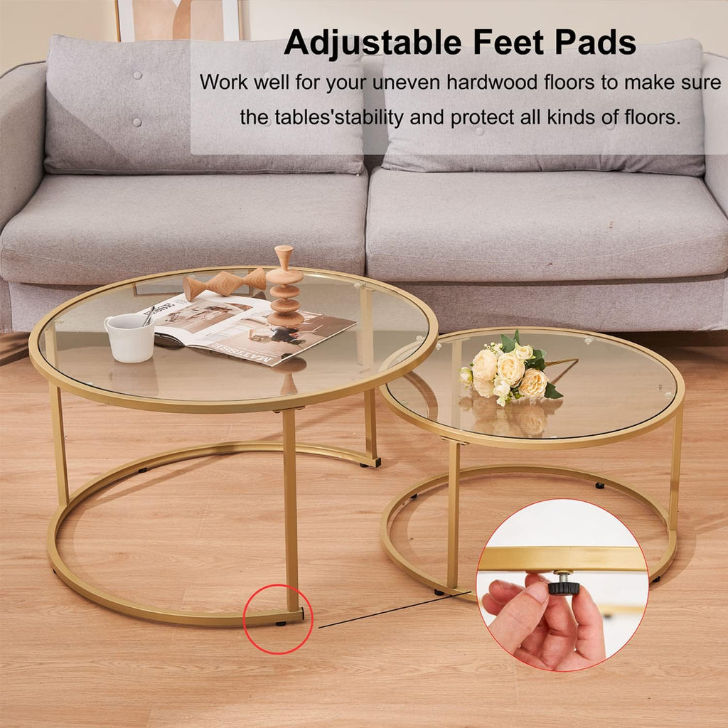 Modern Nesting Glass Coffee Table Set of 2, Round Tempered Glass Coffee Table for Living Room & Bedroom, Space-Saving Design with Adjustable Feet (Large Size + Black Frame)