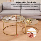 Modern Nesting Glass Coffee Table Set of 2, Round Tempered Glass Coffee Table for Living Room & Bedroom, Space-Saving Design with Adjustable Feet (Large Size + Black Frame)