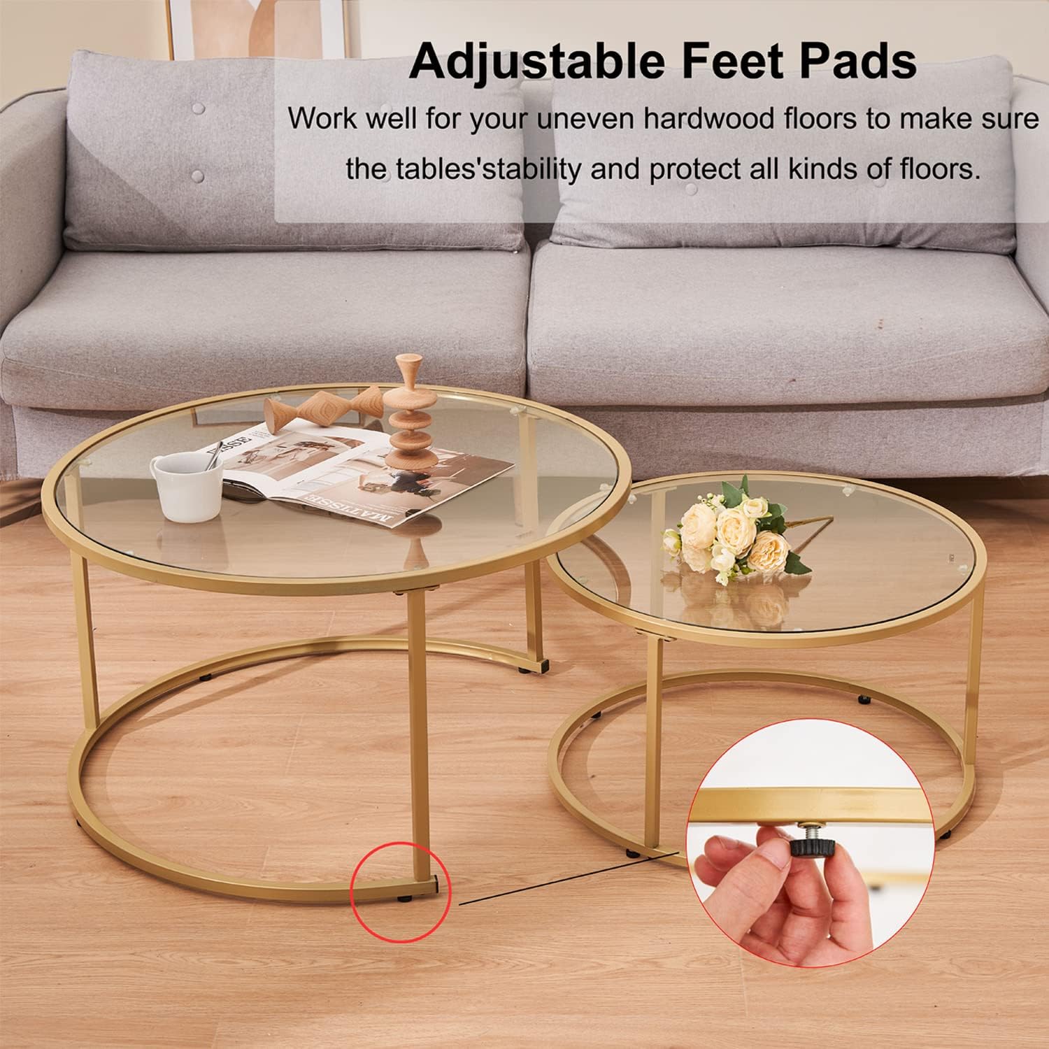Modern Nesting Glass Coffee Table Set of 2, Round Tempered Glass Coffee Table for Living Room & Bedroom, Space-Saving Design with Adjustable Feet (Large Size + Black Frame)