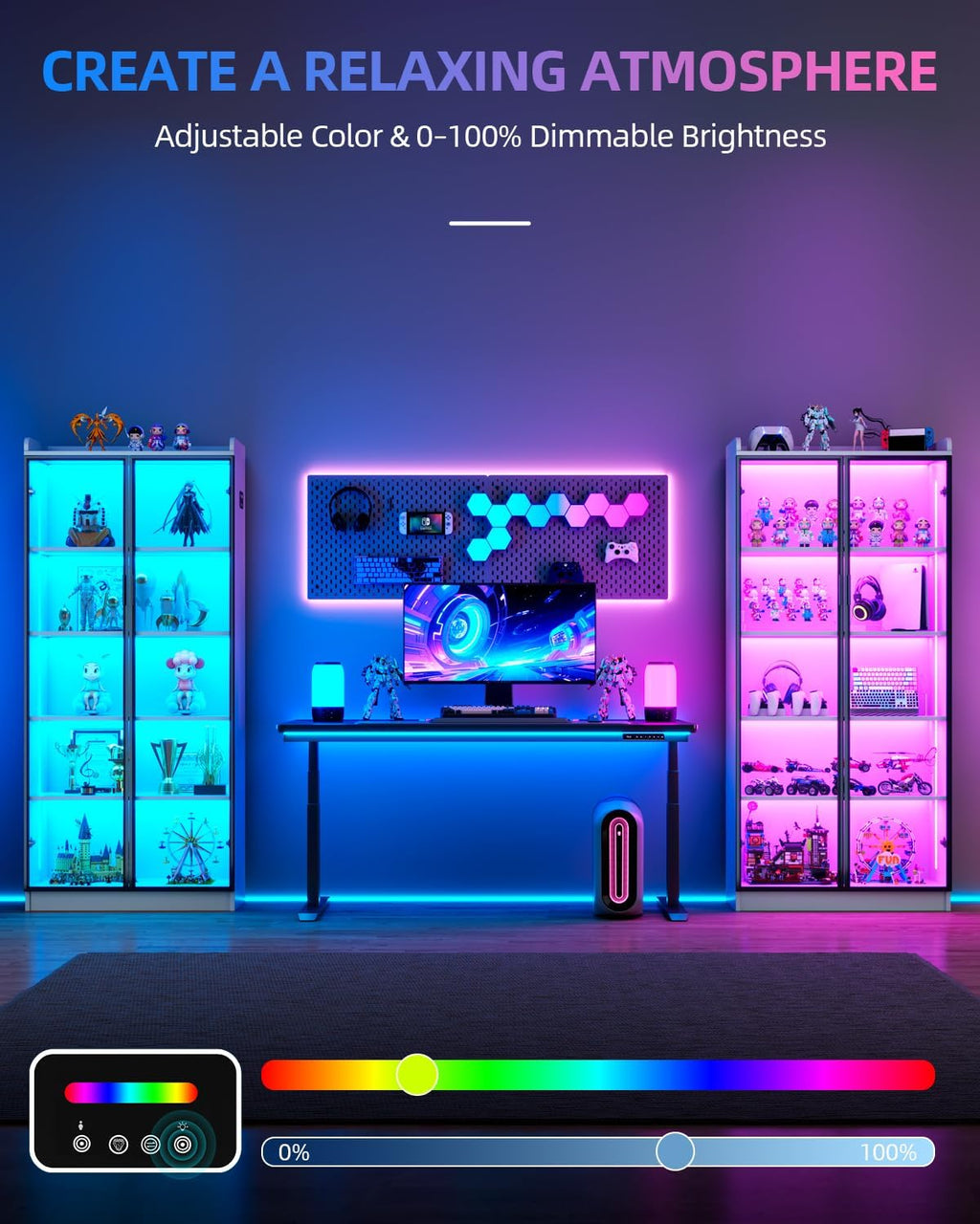Dystler 65" Display Cabinet with Glass Doors, 5-Tier Curio Cabinet with Motion Sensor RGB Lights, Modern Display Case with Adjustable Shelves for Collectibles, Figures, Books, White