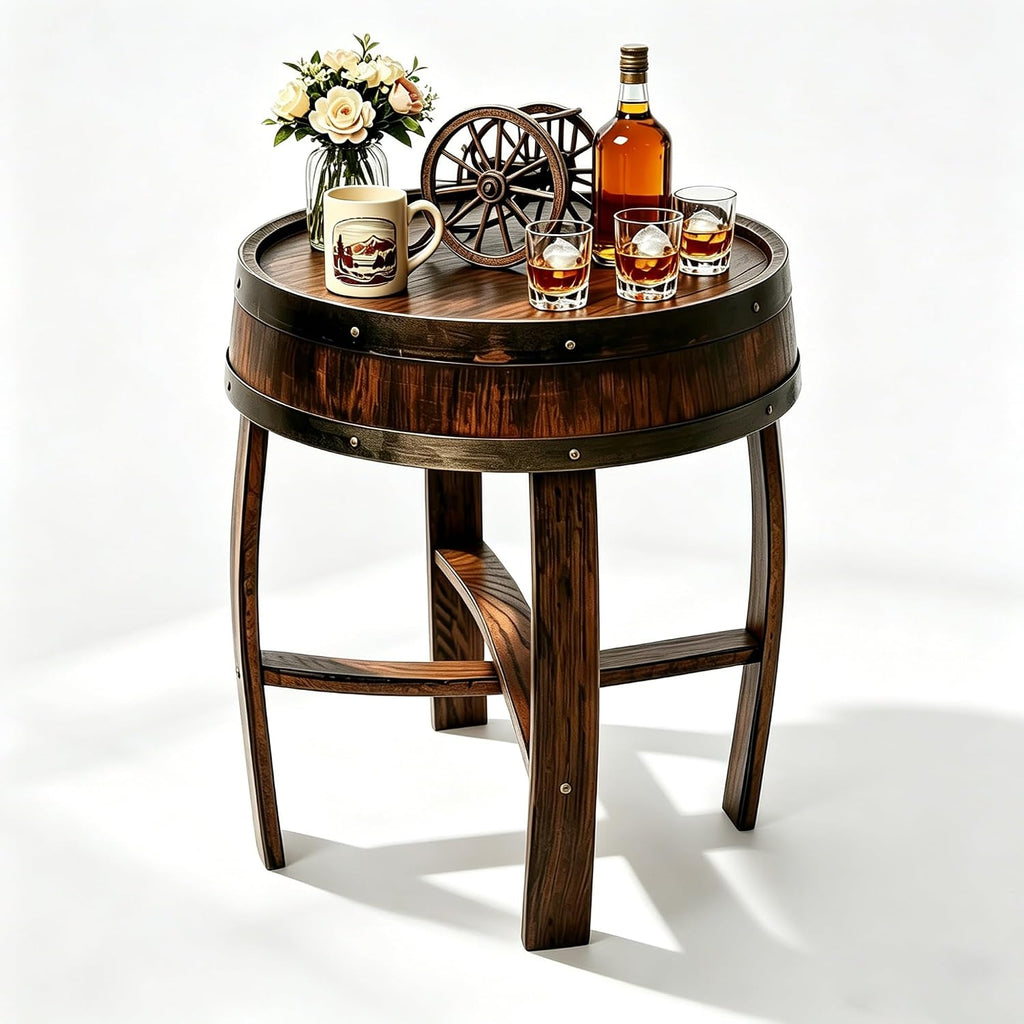 KANG DONG Rustic Round End Table, Whiskey Barrel End Table, Solid Wood Farmhouse Side Table with Barrel-Inspired Design, 22.2" Accent Table for Living Room, Bedroom, Beside Sofa