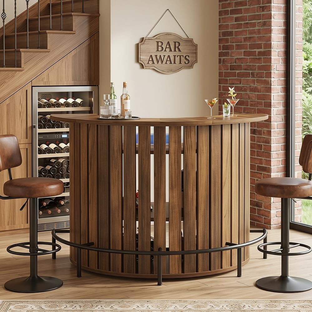 Tribesigns Bar Table with Storage, 4-Tier Arc-Shaped Mini Bar Table with Footrest for Home, Living Room, Rustic Brown (Table Only)